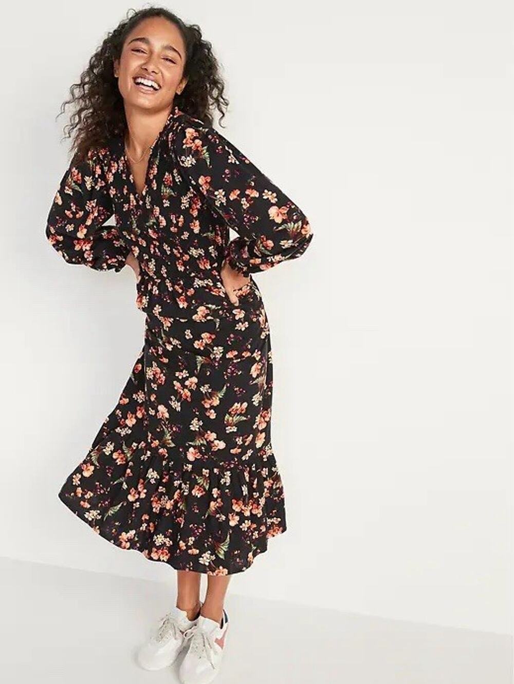 Old Navy Black Floral Smocked Maxi Dress Long Sleeve Boho Tiered Sz L